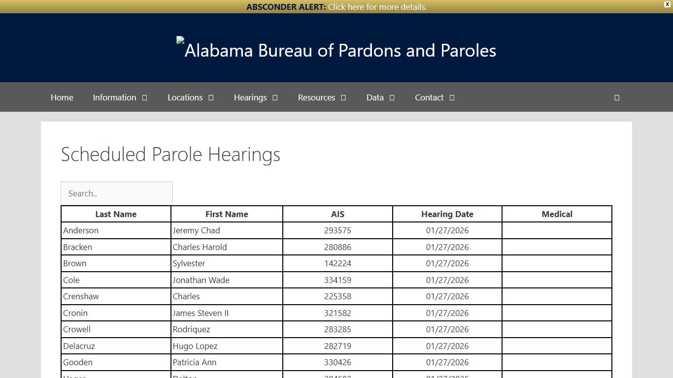 Scheduled Parole Hearings - Alabama Bureau of Pardons and Paroles